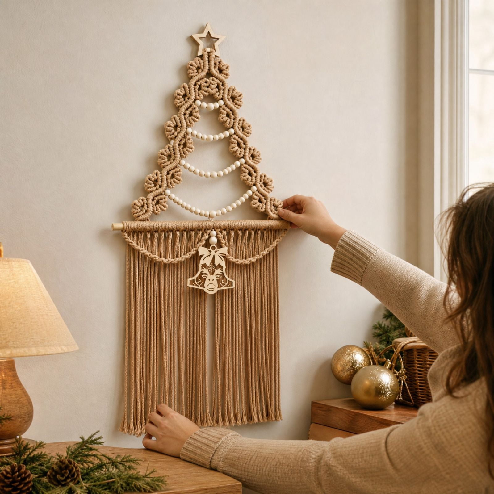 Tree Branch Macrame Boho Macrame Wall Hanging Christmas Tree Decoration with Wooden Beads ...