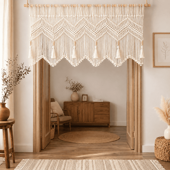 Boho Macrame Wall Hanging Curtain, Cotton Woven Room Divider with Wood Bead Tassels for Doorway Window Decor