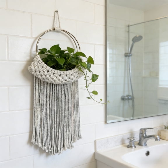 Boho Macrame Wall Hanging, Gold Hoops & White Cotton Fringe, Tapestry for Bedroom, Living Room & Office, Nordic Minimalist