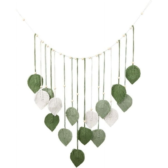 Boho Macrame Wall Hanging Green Cotton Rope 48.7 x 31.4in Woven Leaf Feathers Tassel Handmade Wood Beads Wall Art Tapestry Ornament