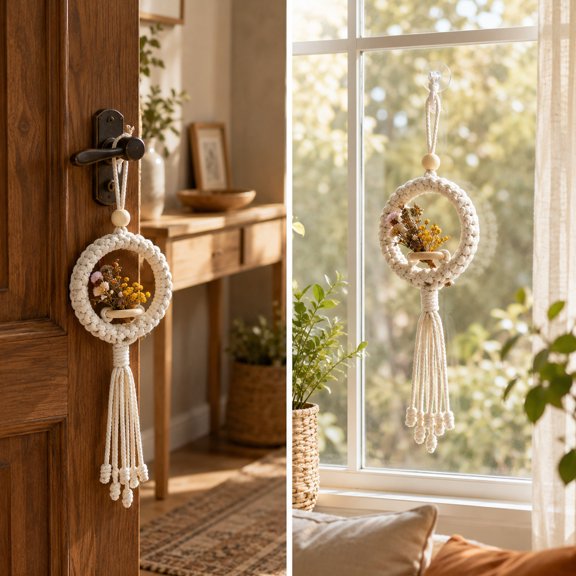 Boho Macrame Wall Hanging, Macrame Wall Decor, Car Hanging Ornament, Boho Wall Decor, 18X4 Inch Hand Woven Cotton Rope Handmade Woven Basket Mini Hanger Tassel Ornament for