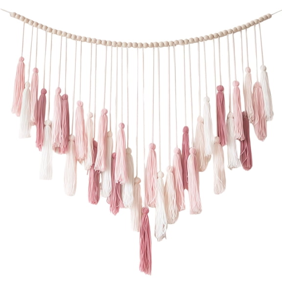 Boho Macrame Wall Hanging, Pink Macrame Wall Hanging Large, Cotton Rope Handmade Tapestry with Wood Bead Tassels, Ideal Boho Wall Macrame Hanging, Pink Boho Wall Decor for Home