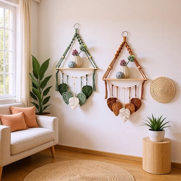 Boho Macrame Wall Hanging Shelf with Leaf Tassels, Wooden Hanging Shelf Wall Decor with Beads, Farmhouse Bohemian Wall Organizer for Bedroom Living Room Nursery