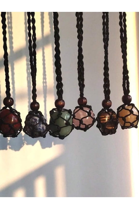 Boho Macrame Wrap Stone Pendant Necklace Black Cord For Women
