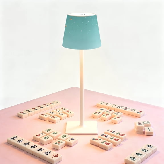 Boho Mahjong Table LED Lamp, Crescent Moon Hanging Stars Pastel Teal Dreamy Night Sky, Cordless Touch Control 3 Color Dimmable Rechargeable Light, Bedside Nightstand Decor Gift for Mahjong Lover