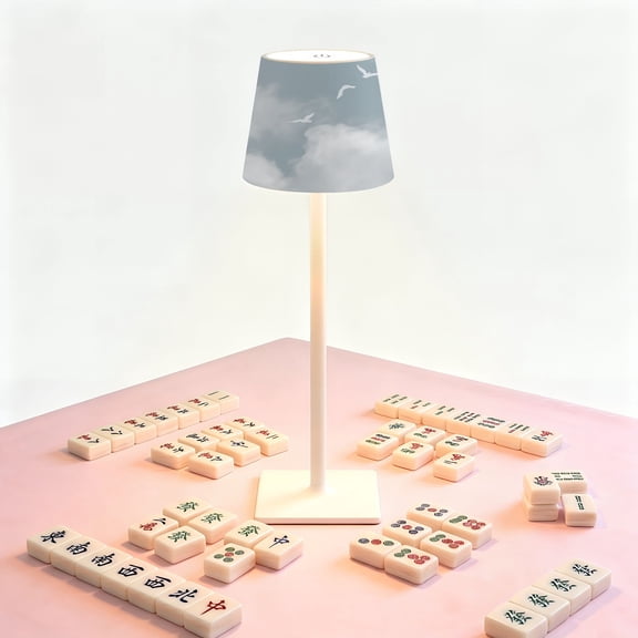 Boho Mahjong Table LED Lamp, White Bird Silhouettes Soft Cloudy Sky Minimalist, Cordless Touch Control 3 Color Dimmable Rechargeable Light, Bedside Nightstand Decor Gift for Mahjong Lover