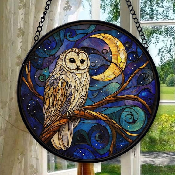 Boho Majestic Owl and Crescent Moon Stained Glass Window Hanging Sun Catcher Halloween Haning Ornament Decoration Christmas Birthday Gifts for Lover, Friends, Stained Glass