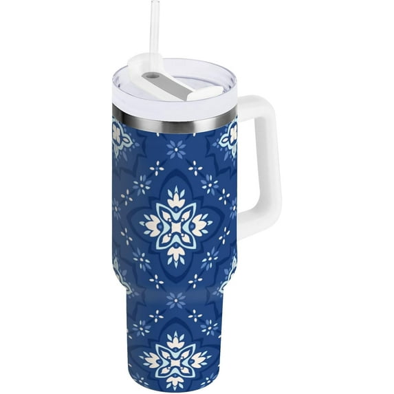 Boho Mandala 40 oz Tumbler with Handle and Straw Stainless Steel Vacuum Water Bottle Leak-proof Travel Coffee Mug Thermos Water Bottle for Office Home Car