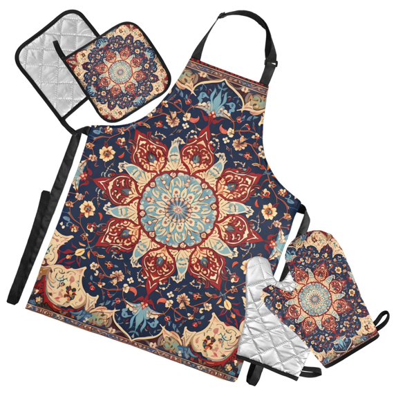 Boho Mandala 5 Pcs Kitchen Set Heat Resistant Oven Mitts and Non-Slip Pot Holders with Adjustable Cooking Apron