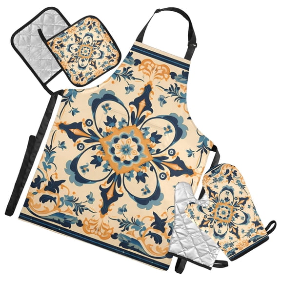 Boho Mandala 5 Pcs Kitchen Set Heat Resistant Oven Mitts and Non-Slip Pot Holders with Adjustable Cooking Apron