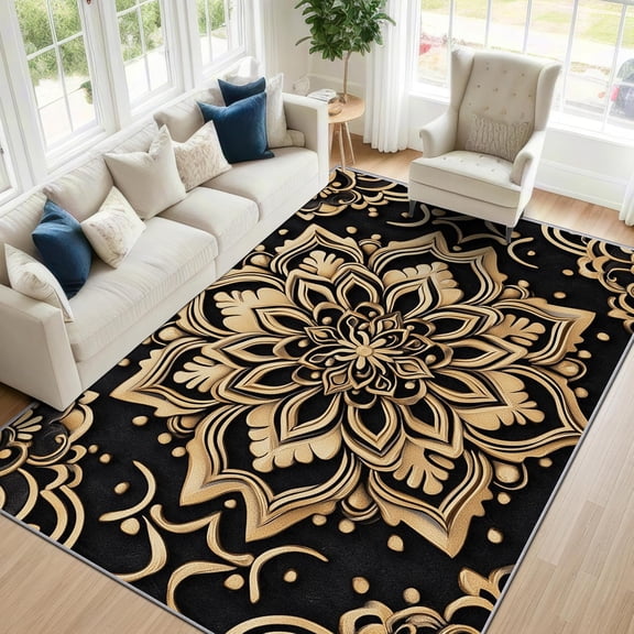 Boho Mandala Area Rugs, Black Gold Ethnic Pattern Carpet, Washable Non Slip Low Pile Soft Rug for Living Room Bedroom Decor Mat 2x3ft