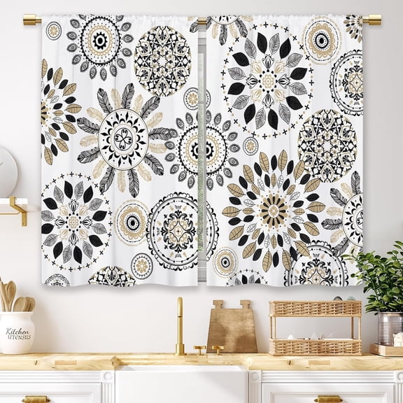 Boho Mandala Black Beige White Floral Printed Window Curtains for Kitchen Living Room Bedroom Home Decor