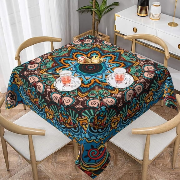 Boho Mandala Blue Colorful Vintage Waterproof Picnic Party Square Table Cloth Cover Decorations Fabric 60 X 60 Inches Square Tablecloth for 30-46 Inch Home Dining Room Kitchen Decor