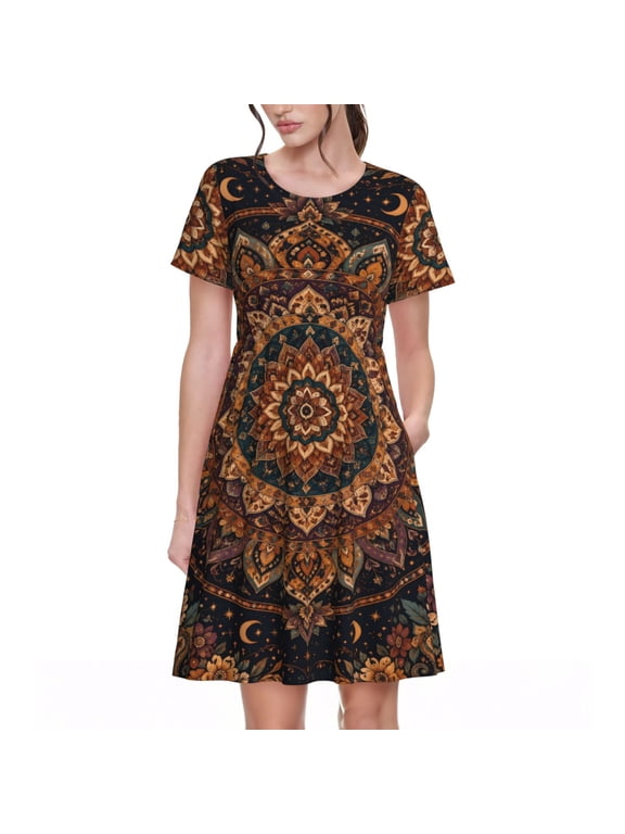 Boho Mandala Celestial Dresses Short Sleeve Nightdresses for Women