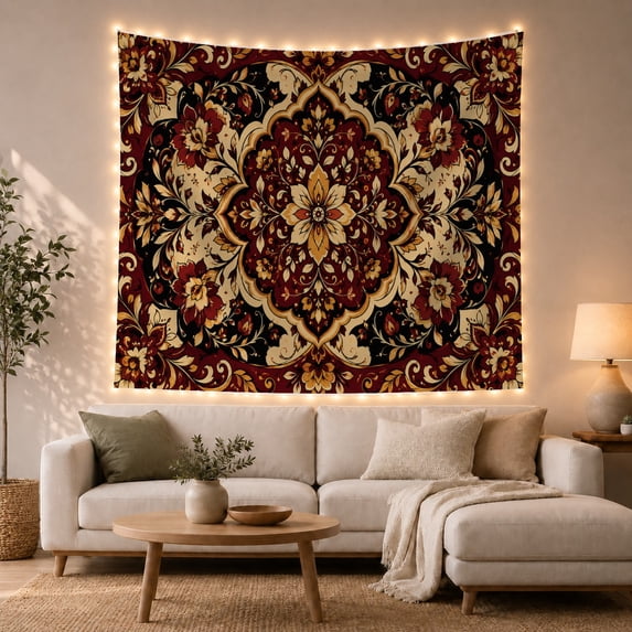 Boho Mandala Centered Symmetrical Florals on Black Serene Boho for Boho Decor Lovers Bohemian Wall Art Housewarming Gift Tapestry Wall Hanging for Bedroom, Living Room and Dorm