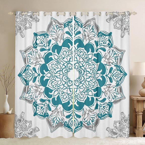 Boho Mandala Curtains for Bedroom Living Room Kids Bohemian Style Blackout Curtains Hippie Mandala Darkening Drapes White Teal Blue Window Treatments 42"W x 45"L (Pack of 2)