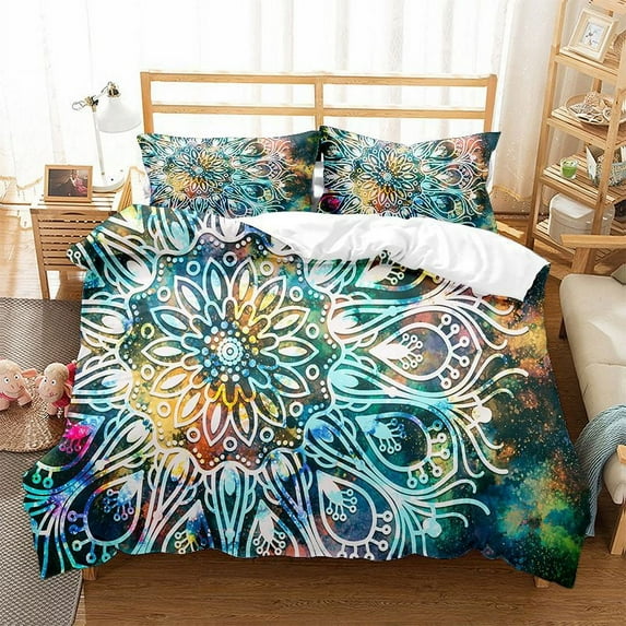 Boho Mandala Duvet Cover Set King Chic Colorful Rustic Mandala Galaxy Polyester Bedding Set for Women 1/2 Pillowcase