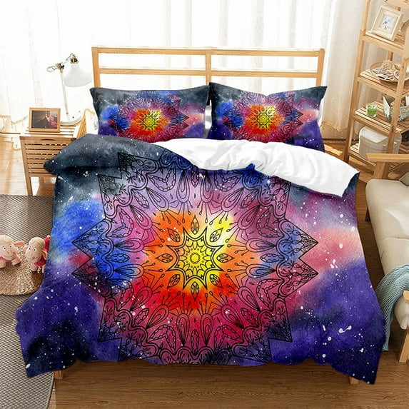 Boho Mandala Duvet Cover Set King Chic Colorful Rustic Mandala Galaxy Polyester Bedding Set for Women 1/2 Pillowcase