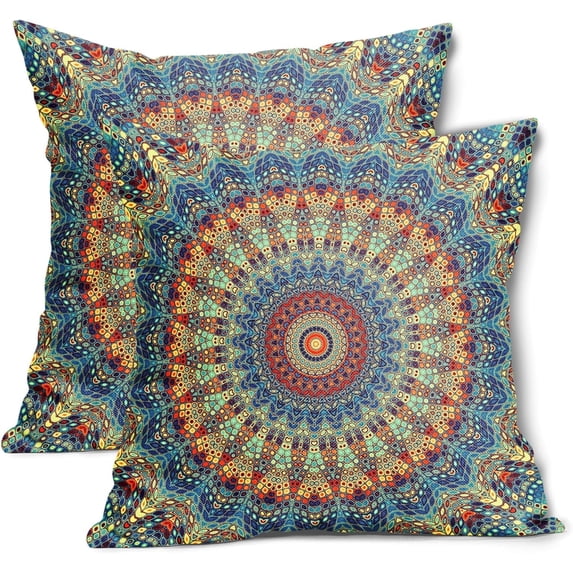 Boho Mandala Floral Pillow Covers 20X20 Inch Set of 2 Navy Blue Orange Abstract Flower Decorative Pillow Cases Colorful Retro Ethnic Cotton Linen Cushion Case Home Decor for Sofa Couch Porch Outdoor