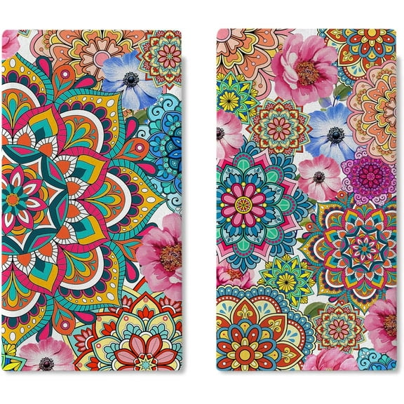 Boho Mandala Flower Kitchen Dish Towels Set of 2, Colorful Anemone Peony Floral Drying Hand Towel Baking Cooking Cloth, Bohemian Bathroom Home Decoration 16 x 24 Inches