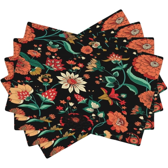 Boho Mandala Flower Placemats, Abstract Nature Hippy Orange Nature Flower Art Print Washable Fabric Placemats Table Kitchen Dining Party 12x18 Inch Set of 4
