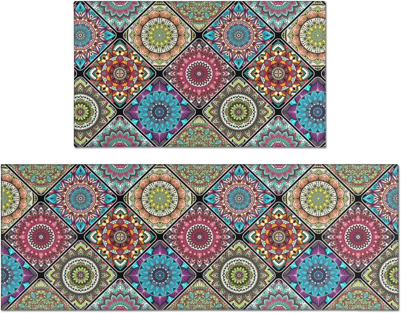 Boho Mandala Kitchen Rugs and Mats Set 2 Pieces Non Slip and Washable