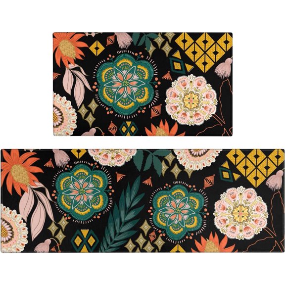 Boho Mandala Kitchen Rugs Set 2,Abstract Bohemian Floral Kitchen Rugs and Mats Non Skid Washable,Mid Century Morden Boho Kitchen Decor and Accessories,Farmhouse Runner Rugs(17"x47"+17"x30")