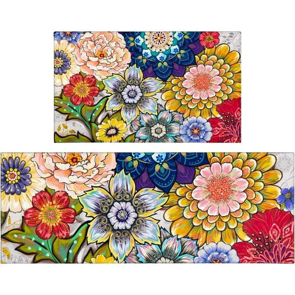 Boho Mandala Kitchen Rugs Set 2,Boho Floral Kitchen Rugs and Mats Non Skid Washable,Bohemian Kitchen Decor and Accessories,Boho Kitchen Runner Rugs(17"x47"+17"x30")