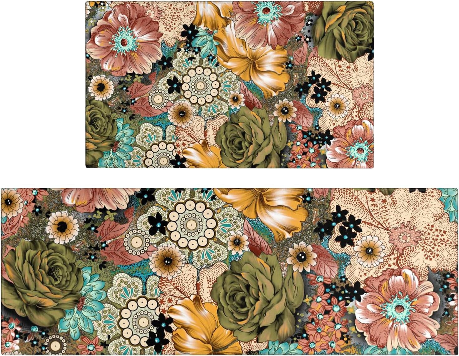 Boho Mandala Kitchen Rugs Set 2,Boho Floral Kitchen Rugs and Mats Non Skid Washable,Bohemian