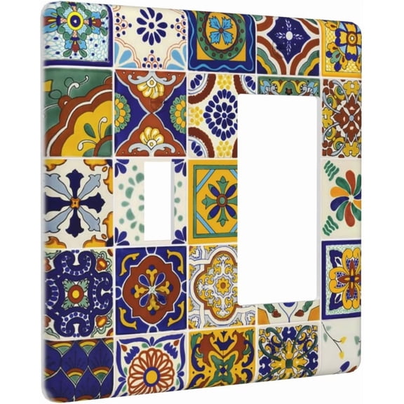 Boho Mandala Mosaic Ceramic Tile 2 Gang Combination Single Toggle/Decorator Wall Plate Yellow/Blue Mexican Tile Combo 1-Toggle 1-GFCI/Rocker Outlet Light Switch Dimmer Receptacle Faceplate Cover