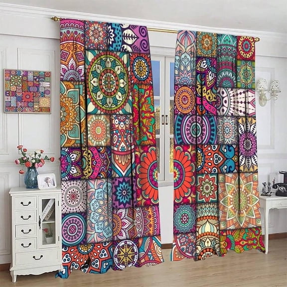Boho Mandala Patchwork Curtain Panels, Colorful Ethnic Bohemian Geometric Floral Patch Window Drapes, Vibrant Hippie Mandala Curtains for Living Room Bedroom Decor