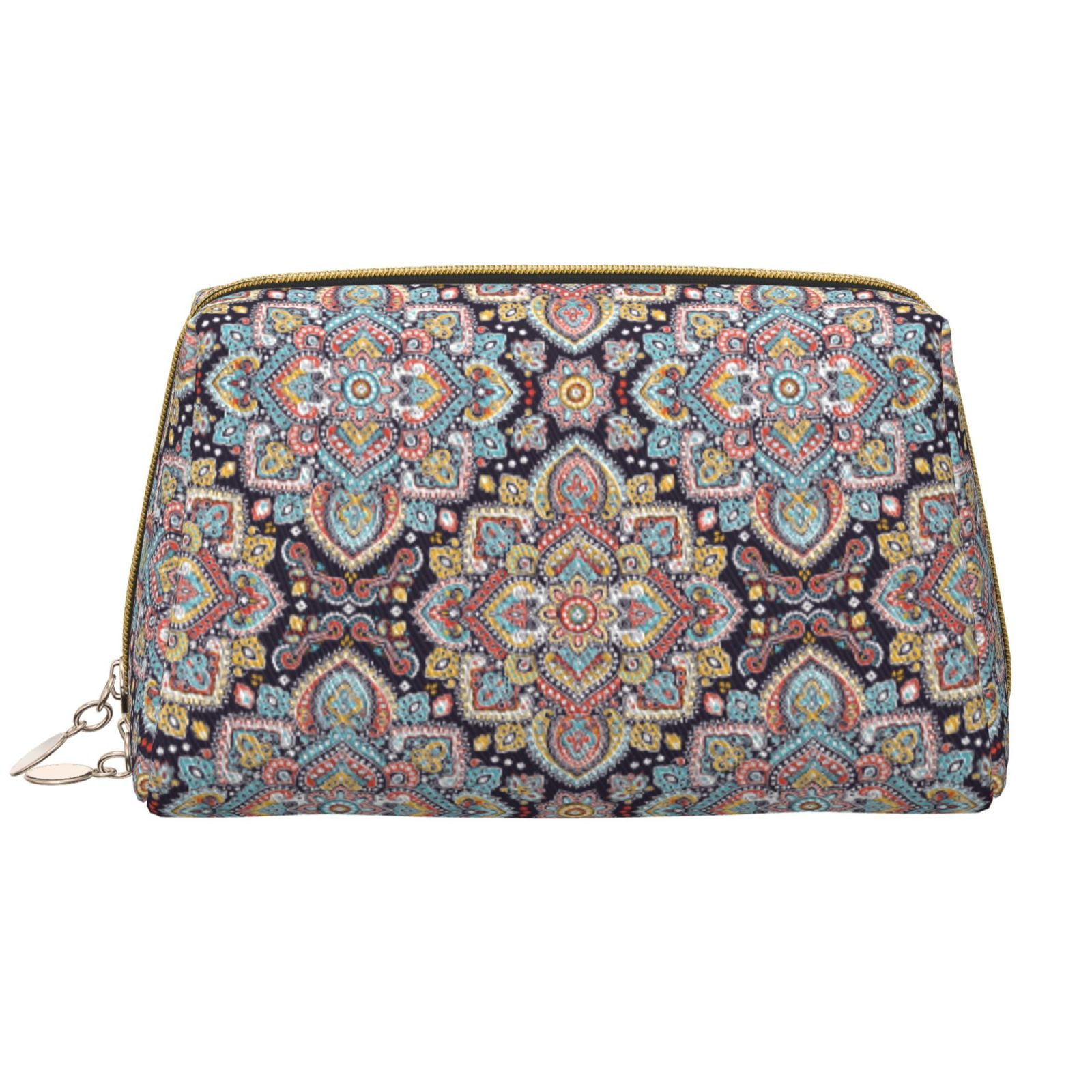 Boho Mandala Pattern Travel Makeup Bag Makeup Pouch, Leather Travel