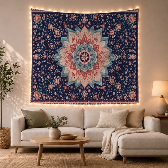 Boho Mandala with Petal Layers & Vines on Dark Navy, Calming Vintage for Nature Lovers, Ornate Floral Art Decor, Housewarming Gift Tapestry Wall Hanging for Bedroom and Living Room