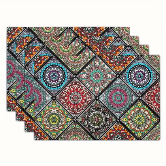 Boho Mandala Placemats, Mexican Ethnic Traditional Pattern with Geometric Plaids, Abstract Flower Washable Linen Table Place Mats Set of 4 for Dining Kitchen Party, 12"x18"
