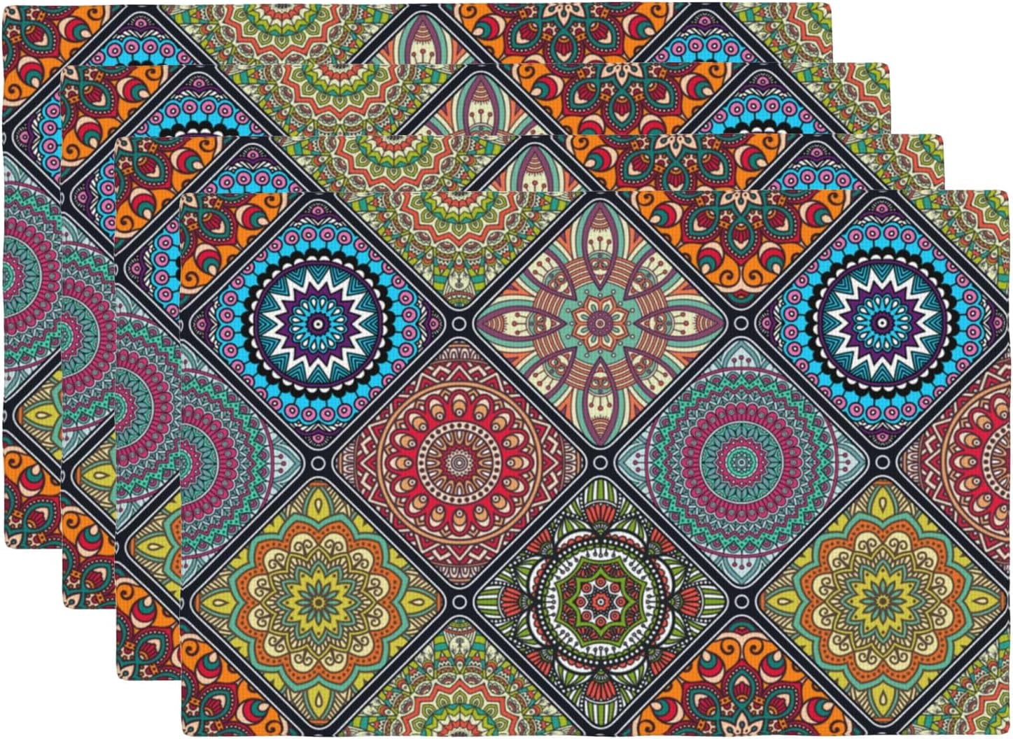 Boho Mandala Placemats Set of 4 Colorful Bohemian Traditional Pattern ...