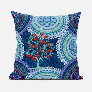 Boho Mandala Plant Indoor/Outdoor Pillow with Removable Cover in Indigo White Red16x16