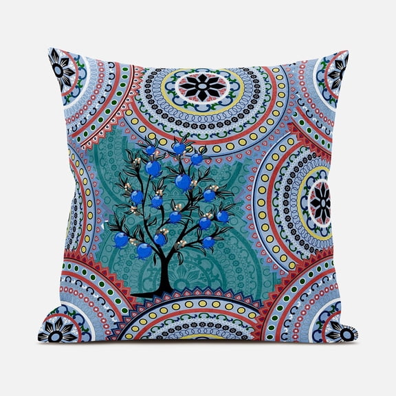 Amrita Sen Boho Mandala Plant Indoor/Outdoor Pillow with Removable Cover in Blue Red Yellow16x16