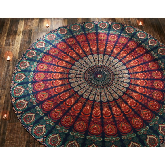 Boho Mandala Roundie - Gypsy Hippie Tapestry Decorative Cotton Tablecloth Meditation Yoga Mat - Golden Blue - 72 Inches