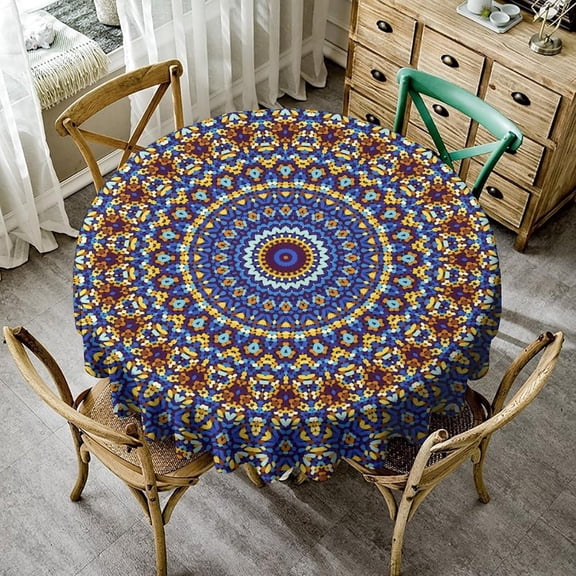 Boho Mandala Tablecloth, Abstract Ethnic Round Tablecloth Vintage Navy Blue Indian Print Table Cover for Holiday Parties Kitchen Dining Picnic Indoor Outdoor, Round(60x60in)