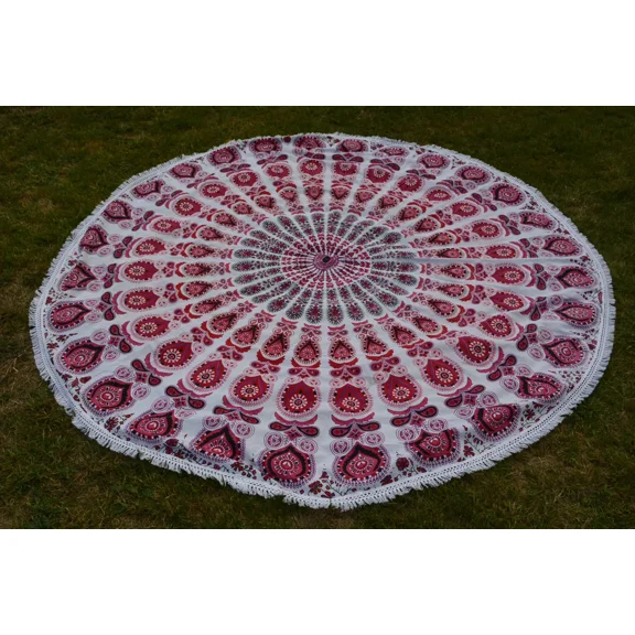 Boho Mandala Tapestry Table cloth wall cover beach Round blanket - Red & Purple