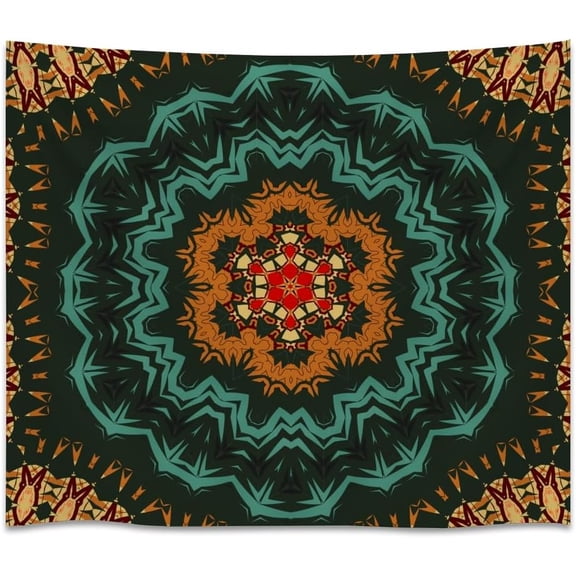 Boho Mandala Tapestry Teal & Amber Geometric Sunburst Wall Hanging Psychedelic Kaleidoscope Pattern Decor 30x40inch