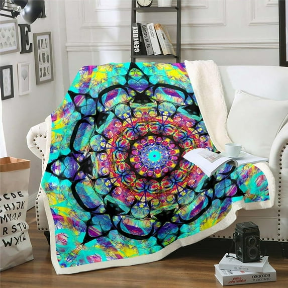 Boho Mandala Throw Blanket for Couch Hippie Mandala Fleece Blanket, Bohemian Flowew Sherpa Blanket Teal Floral Blanket, Aesthetic Abstract Art Bed Blanket Bedroom Decorations
