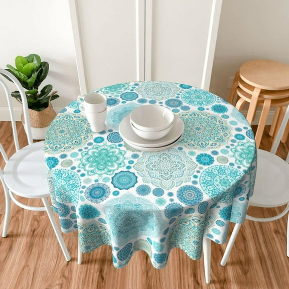 Boho Mandala Turquoise Round Tablecloth 60 Inch, Decorative Holiday Home Party Table Cloth for Kitchen Dining Picnic Table Cover