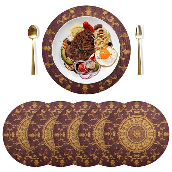 Boho Mandala Vintage Black Round Placemats Plate Mats 15 Inch Non-Slip Heat Resistant Washable PVC Set Indoor for Kitchen Dining Table 1PC