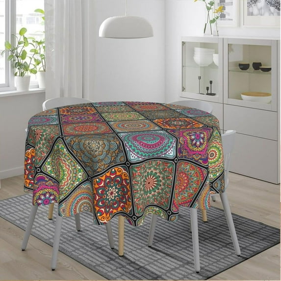 Boho Mandalaboho Mandala Tiles Round Tablecloth 60 Inch, Decorative Holiday Home Party Table Cloth for Kitchen Dining Picnic Table Cover