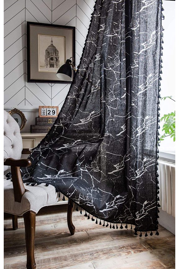 Boho Marble Window Curtain Panel with Tassels Striped Marble Print Country Style Cotton Linen Room Darkening Curtain Panel for Bedroom Living Room Rod Pocket Top