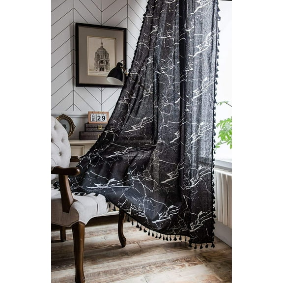 Boho Marble Window Curtain Panel with Tassels Striped Marble Print Country Style Cotton Linen Room Darkening Curtain Panel for Bedroom Living Room Rod Pocket Top