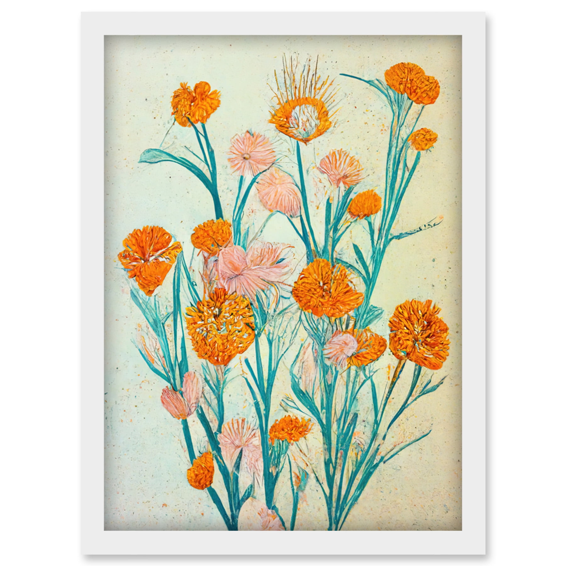 Boho Marigold Flowers Teal Orange Painting Artwork Framed