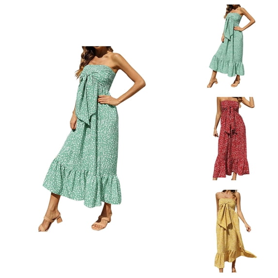 Boho Maxi Dress for Women Summer Floral Off Shoulder Strapless Ruffle Beach Vacation Clothes Outfits for Women Flowy Long Dresses Vestidos Casuales Para Mujer
