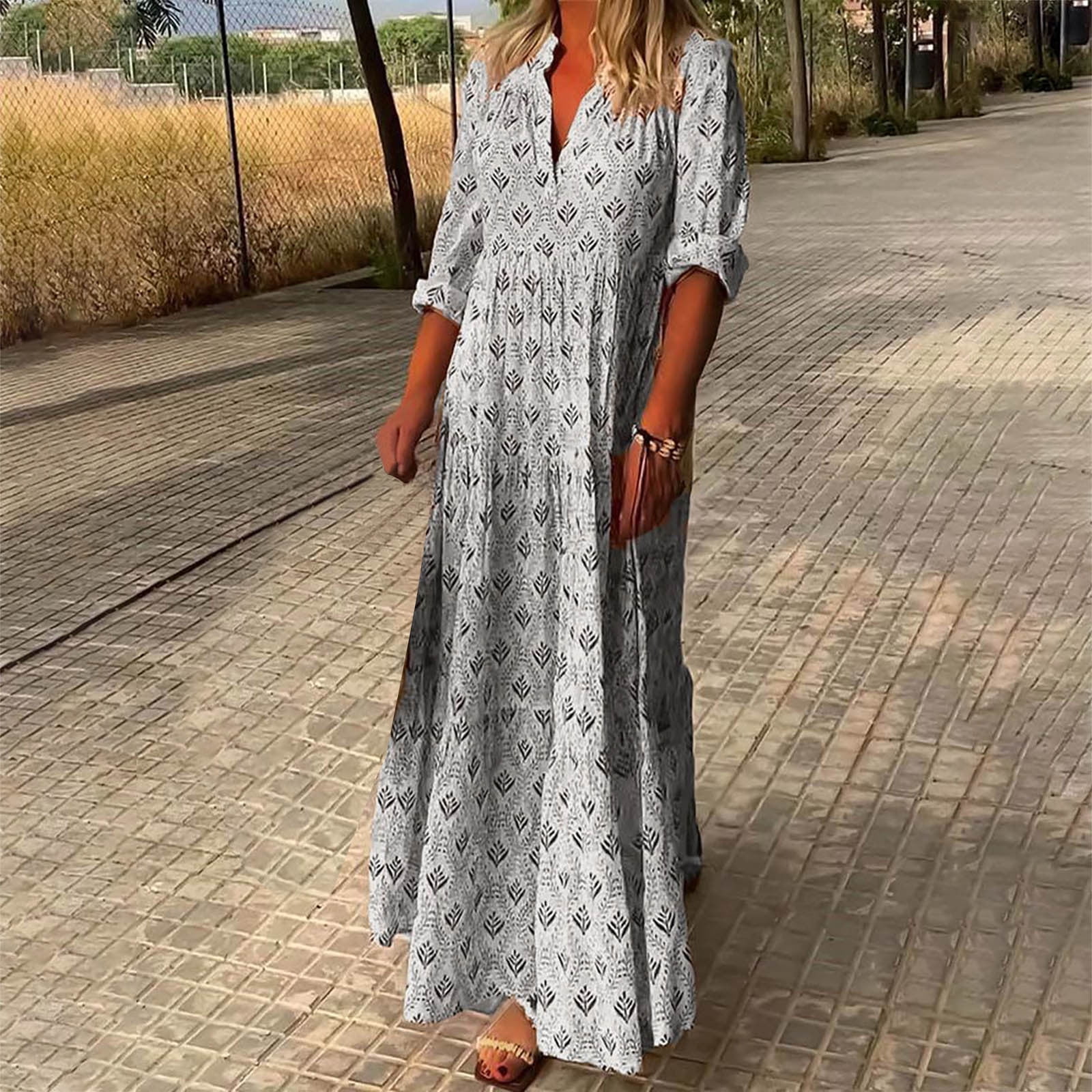 Boho Maxi Dress for Women 2025 Trendy Long Sleeve Floral Dress Tiered Flowy  Dress Loose Spring Long Dresses - Walmart.com